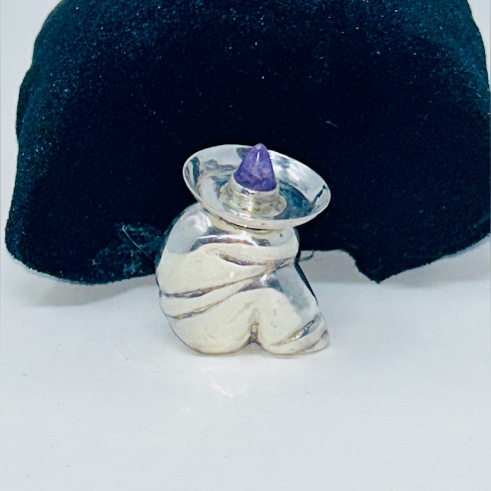 Vintage 1 1/2 in Mexican Sterling Silver Perfume Bottle Dauber Brooch Amethyst